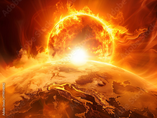 Hot massive sun over earth symbolizing global warming