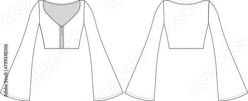 deep v neck zippered low-cut kimono bell long sleeve crop cropped fit elastic blouse top template technical drawing flat sketch cad mockup fashion woman design style model
