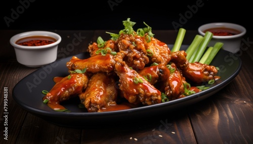 Delicious spicy chicken wings served with dipping sauces