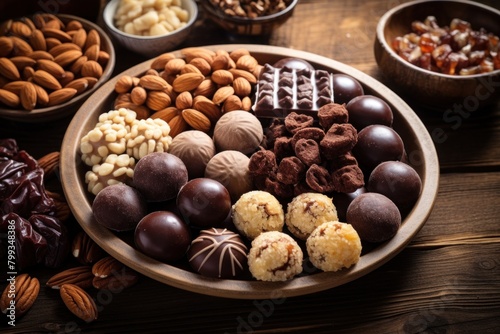 Assorted gourmet chocolates and nuts on a wooden platter