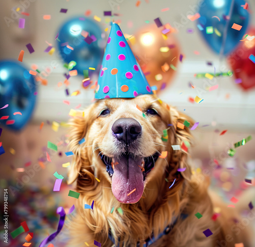 A dog is wearing a blue party hat and is surrounded by colorful confetti
