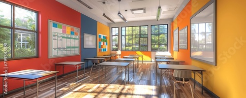 Classroom layout for a primary school includes colorful decor and educational charts on the walls photo