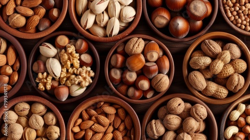 A variety of nuts in wooden bowls