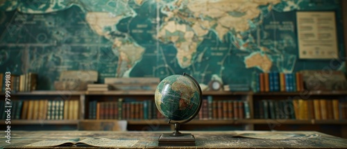 Educational background with a world map, educational books, and a globe in a classroom photo