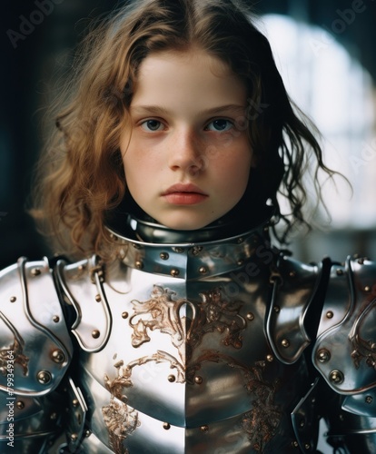 Young girl in medieval armor looking determined