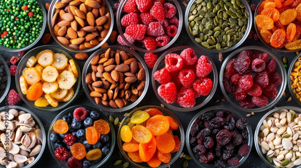 assorted candied berries, dried fruits, nuts and seeds, top view. healthy food background assorted candied berries, dried fruits, nuts and seeds, top view. healthy food background
