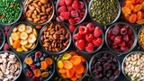 assorted candied berries, dried fruits, nuts and seeds, top view. healthy food background