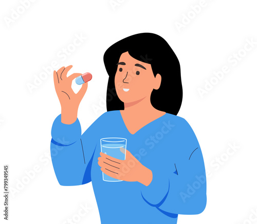 Taking pills concept set. Woman taking drug with glass water and reading a prescription label at medication bottle