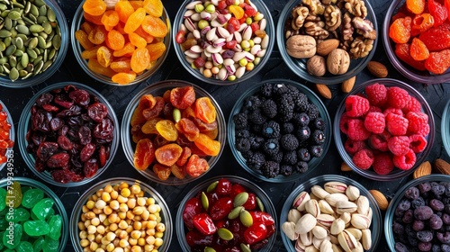 assorted candied berries, dried fruits, nuts and seeds, top view. healthy food background photo