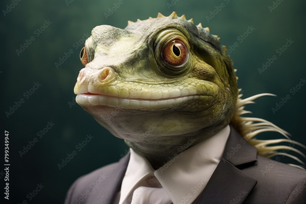 Portrait of a lizard-headed businessman in a suit