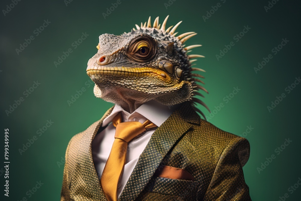 Stylish Iguana Dressed in a Suit and Tie
