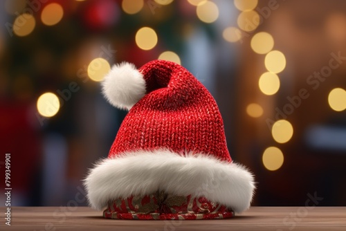 Festive Red Santa Hat on Wooden Table with Blurred Christmas Lights Background