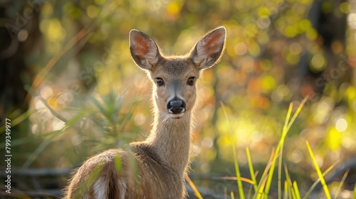 Young Whitetail Deer Fawn in Golden Hour Light Amidst Forest Vegetation