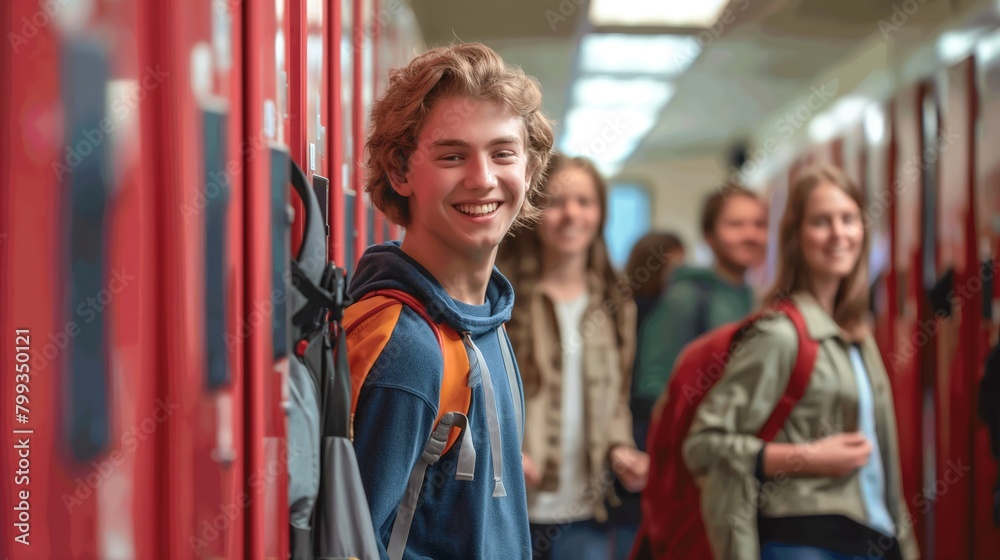 Smiling Teenage Boy Standing by His Locker in a High School Hallway
