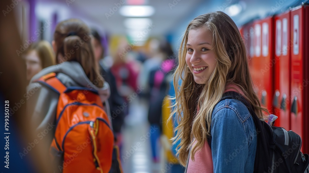 Smiling Young Woman Standing by Lockers in a Busy High School Hallway