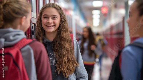 Smiling Teenage Girl Chatting With Friends in High School Hallway During Break