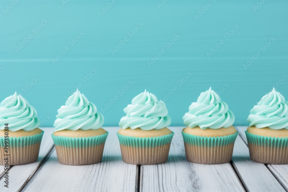 Row of Blue Frosted Cupcakes on Wooden Table