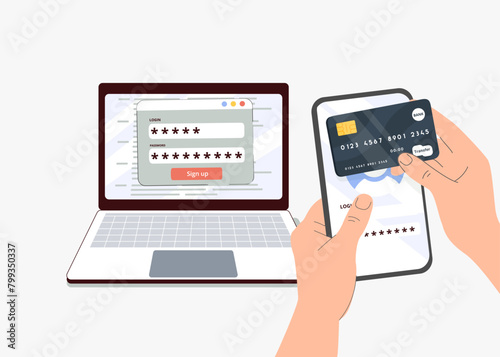Character at office desk making secure payment with credit card and using multi factor authentication on laptop