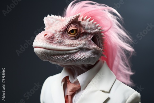 Stylish iguana dressed in a suit with a pink mohawk