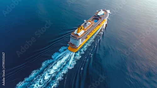 Aerial view of a majestic cruise ship gliding through the serene blue ocean. Luxury travel, modern vessel at sea. Vacation concept. AI © Irina Ukrainets
