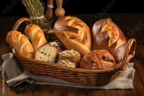 Assorted Freshly Baked Bread in a Wicker Basket