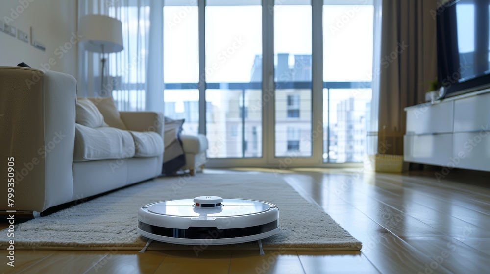 Robotic vacuum cleaner cleaning floor in living room Robotic vacuum cleaner cleaning floor in living room