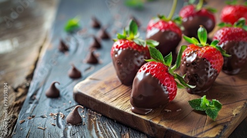 Chocolate dipped strawberries on wooden cutting board