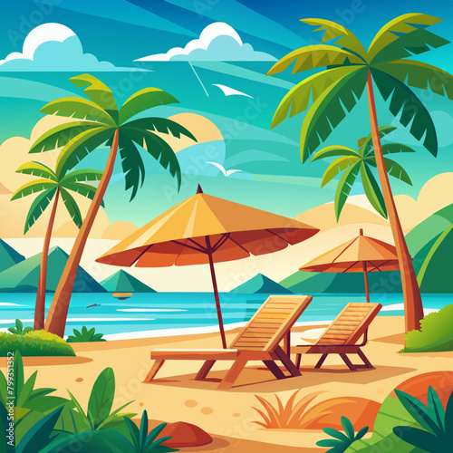 SVG Beach with palm trees, Vacation in Paradise Sunbeds on a Tropical Beach 