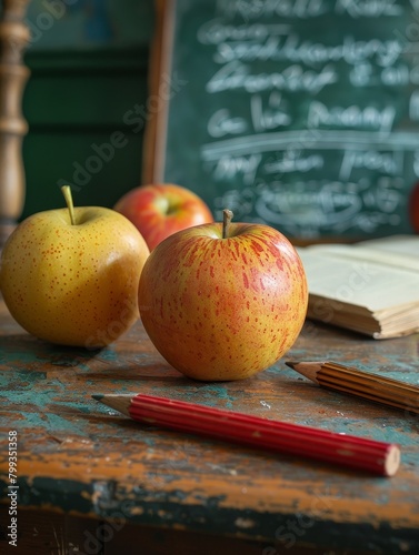 Teacher supplies on a desk, organized for an upcoming lesson, educational backdrop