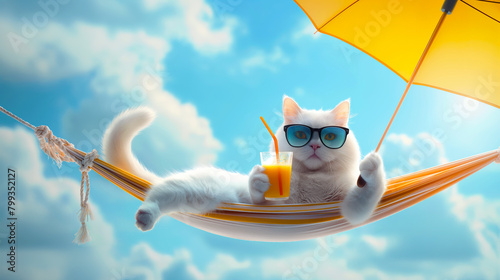 A white cat with sunglasses lounges in a hammock, holding a glass of orange juice under a yellow umbrella against a blue sky with clouds. photo
