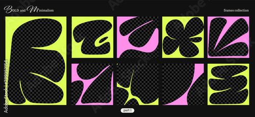 Set of ig and story template in bold minimalism style with transparent background. Organic bloated shapes frame in bright green and pink vibrant colors