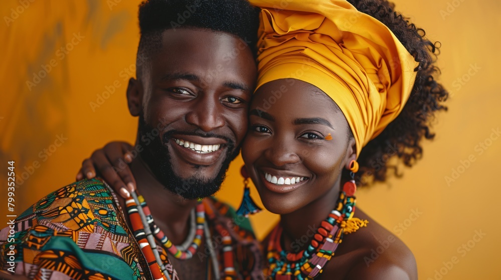portrait of African couple in ethnic clothes on isolated background