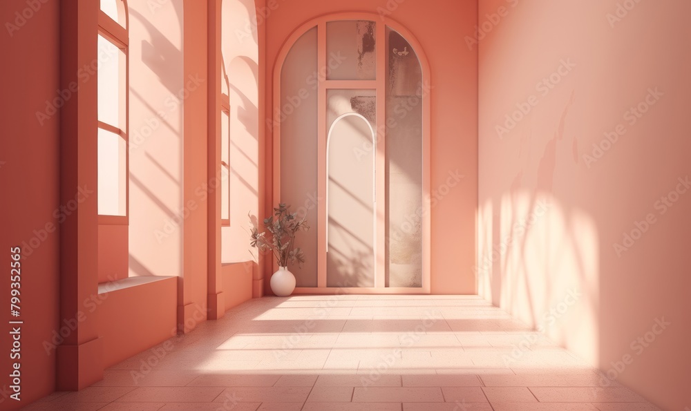 3D mock up corridor in a light pink empty