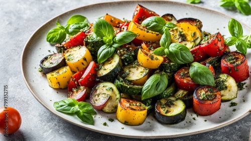 Baked vegetables with basil oil.