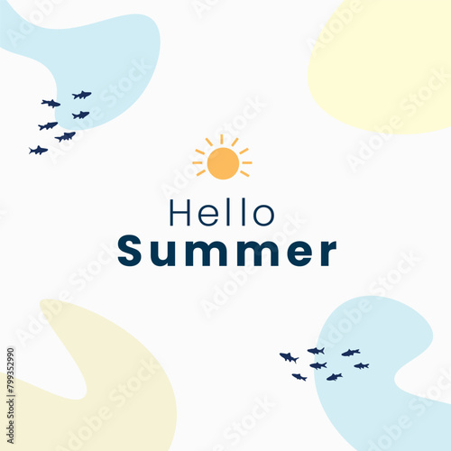 Minimalistic summer card with abstract shapes and little fishes