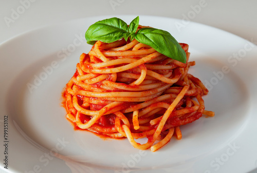 Typical Italian pasta dish of Spaghetti with tomato and basil