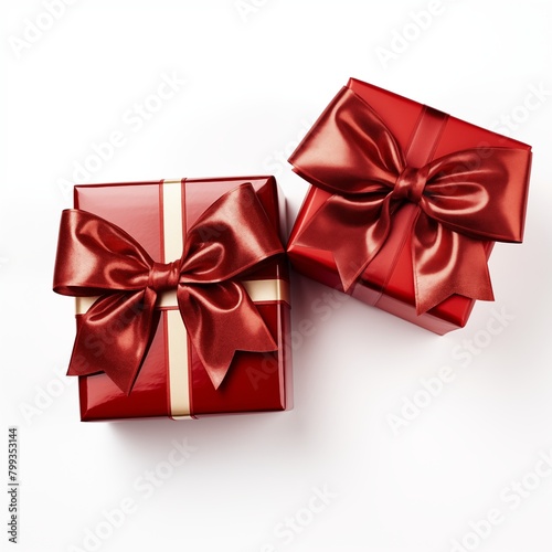Two Elegant Red Wrapped Gift Boxes with Satin Ribbons Isolated on White