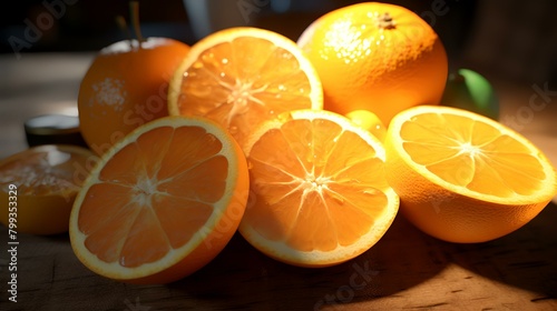 Oranges on a wooden table  close-up  selective focus