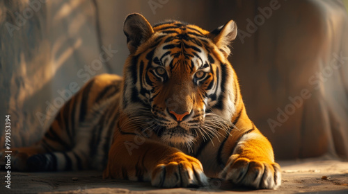 A tiger is laying on the ground with its eyes closed