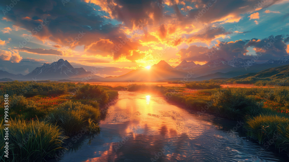 A beautiful sunset over a river with mountains in the background A beautiful sunset over a river with mountains in the background
