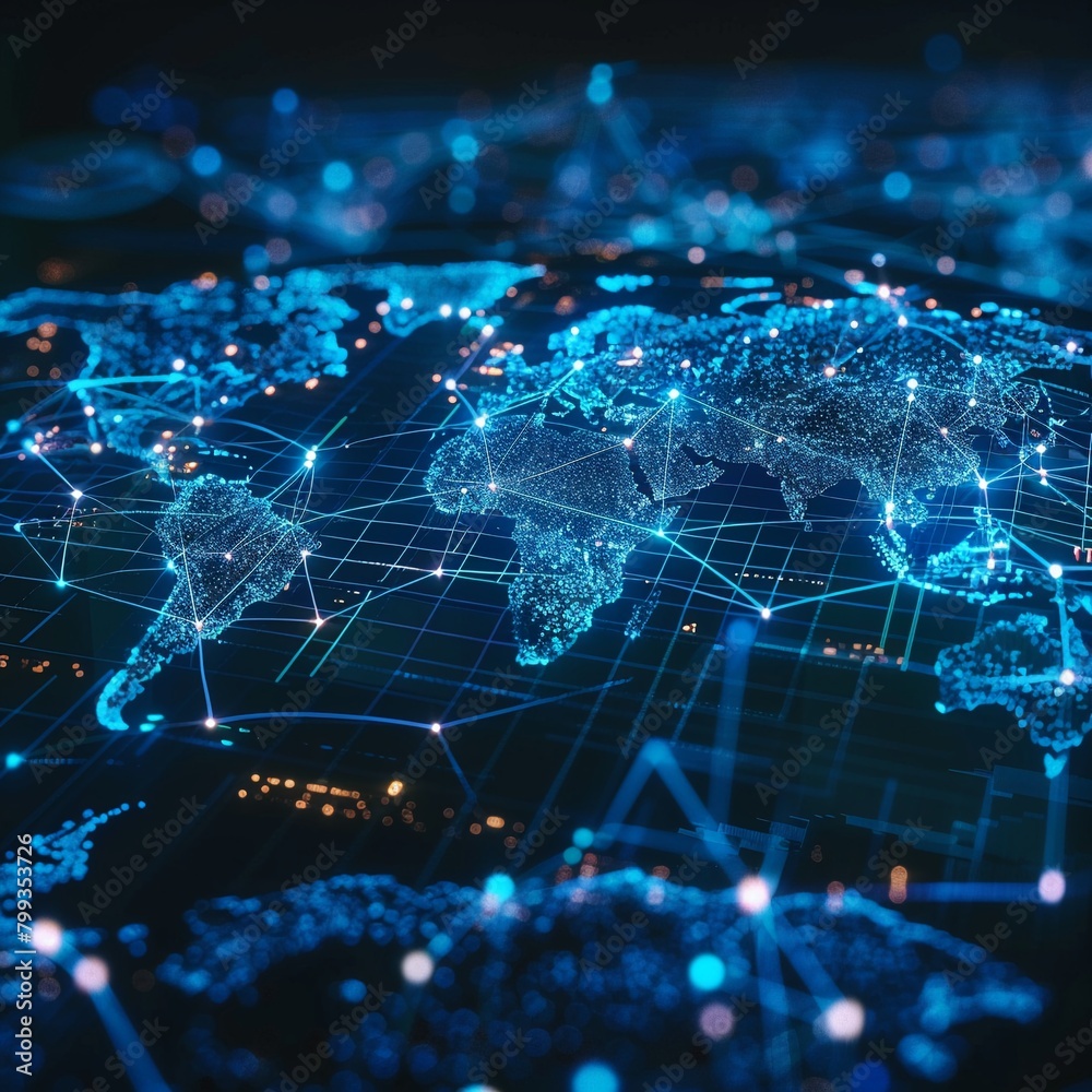 Abstract wallpaper of global business, world map with digital connections and nodes, bluetoned Abstract wallpaper of global business, world map with digital connections and nodes, bluetoned