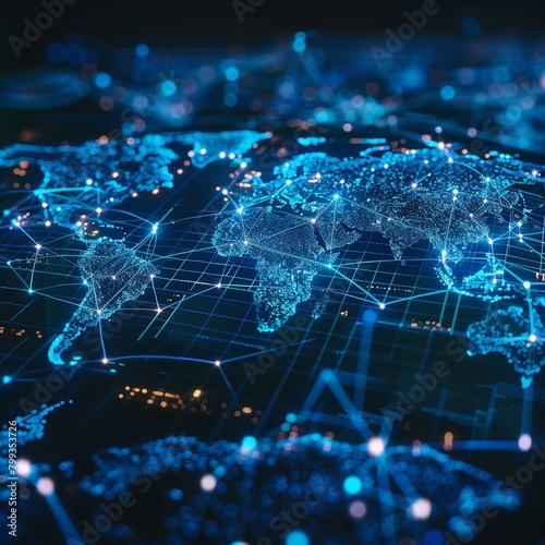 Abstract wallpaper of global business  world map with digital connections and nodes  bluetoned