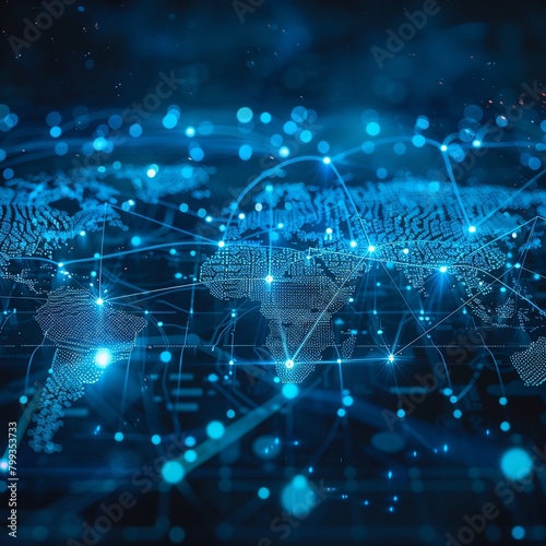 Abstract wallpaper of global business, world map with digital connections and nodes, bluetoned