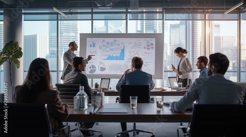 A group of business people is meeting in an office, sitting around a table in a room, sharing ideas and discussing plans. AIG41