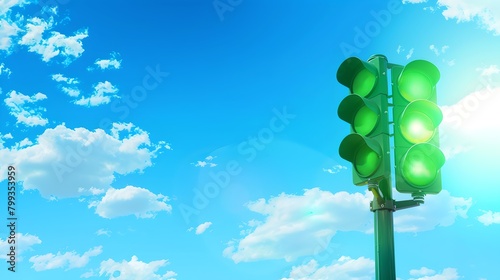 Green Traffic Lights Against Blue Sky, All Signals Go, Conceptual Image for Progress and Permission. Positive Signal in Transportation. AI photo