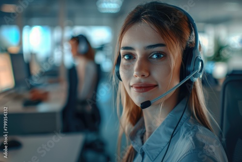 Call center agent with headset working on support hotline in modern office. Portrait of pretty young woman in conversation. AI Generated