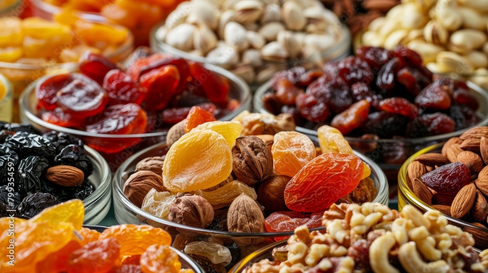 Different dried fruits and nuts as background, closeup Different dried fruits and nuts as background, closeup