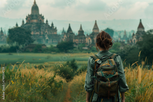 Back view of a female backpack traveler making her way over the field to the historic Buddhist stupas. notion of adventure and travel. photo