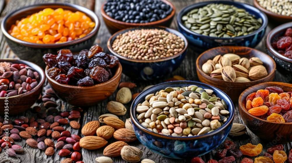 Different nuts seeds and dried fruits in bowls on wooden kitchen table