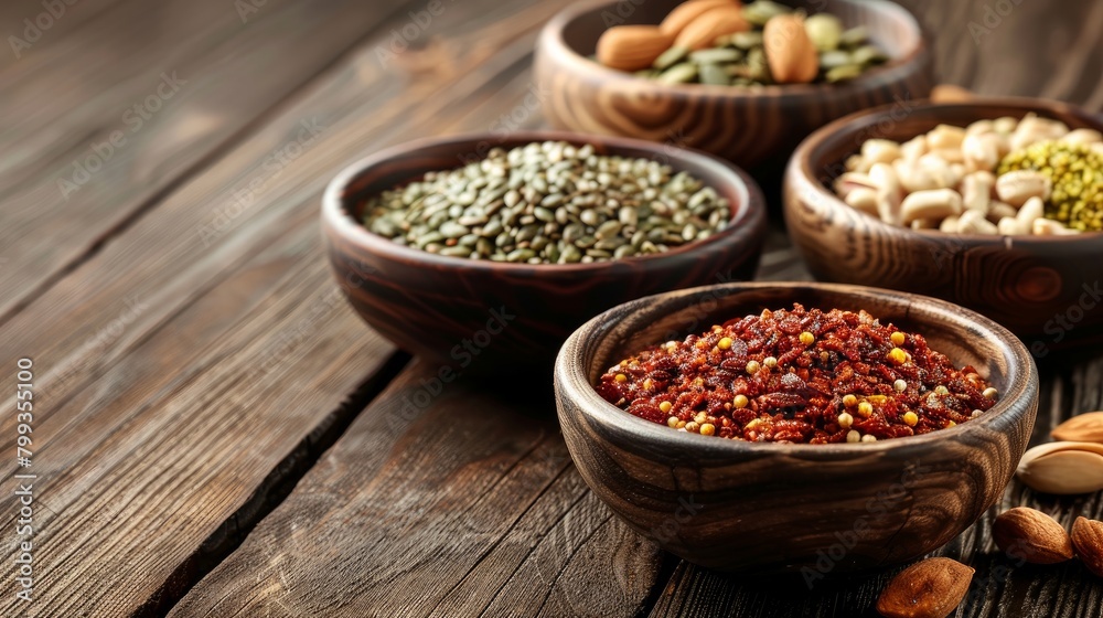 Different nuts seeds and dried fruits in bowls on wooden kitchen table Different nuts seeds and dried fruits in bowls on wooden kitchen table